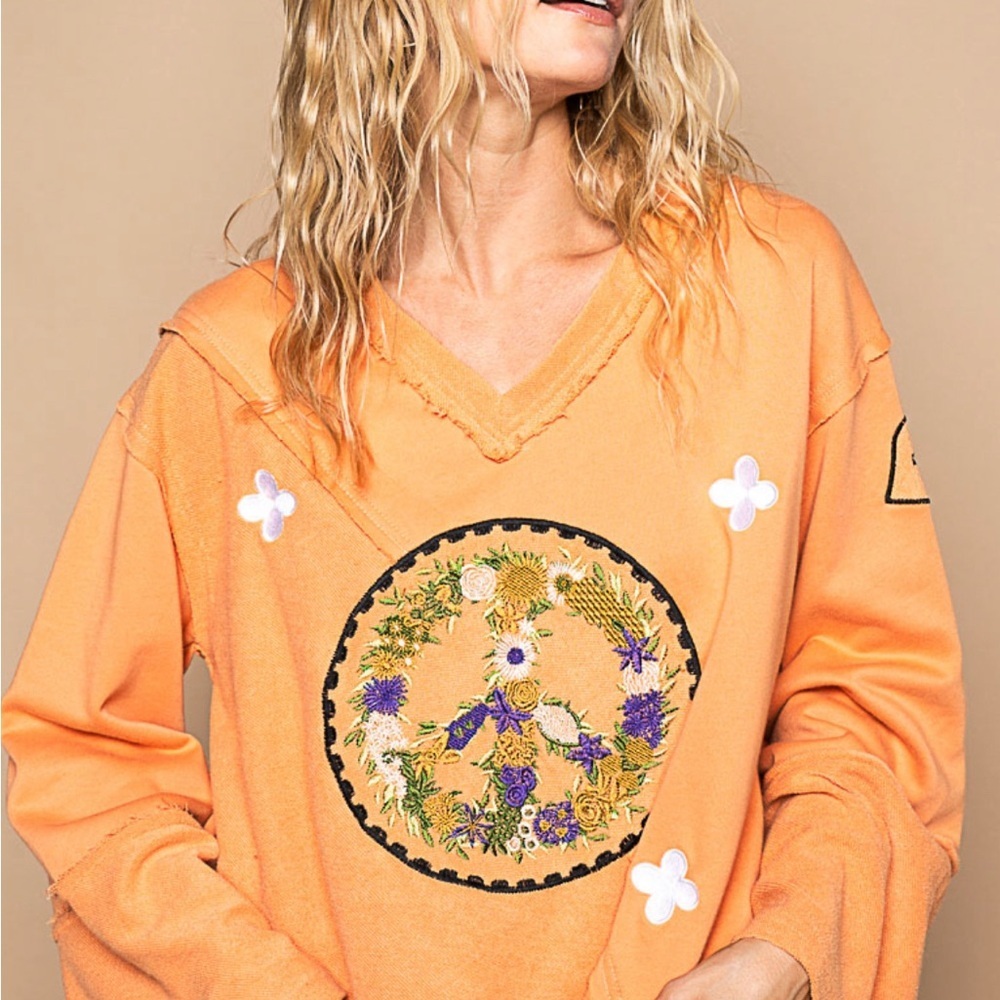 NEW POL V-Neck Patched Papaya Relaxed Long Sleeve French Terry Sweater